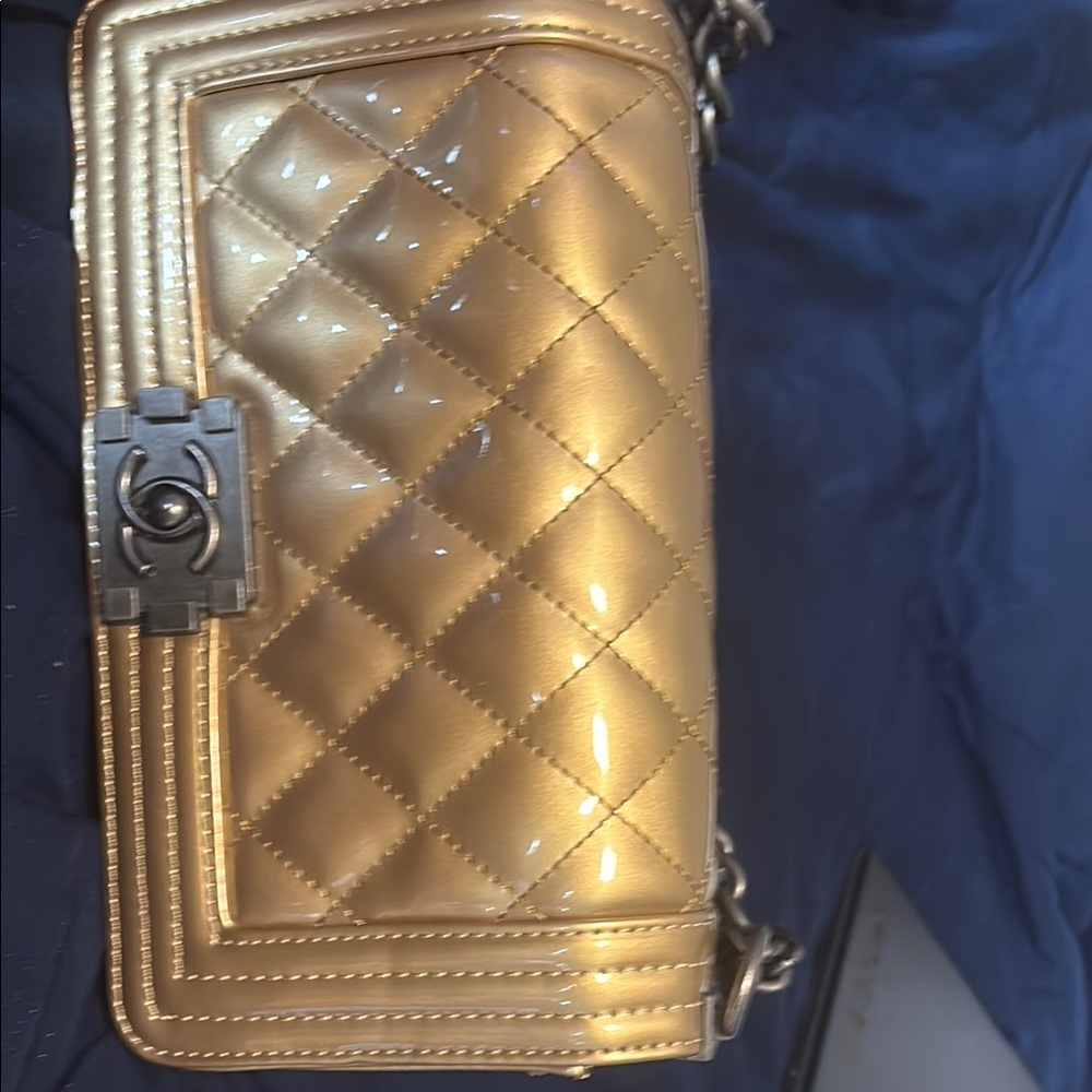 CHANEL Gold Quilted Crossbody Bag with Diamond Pattern